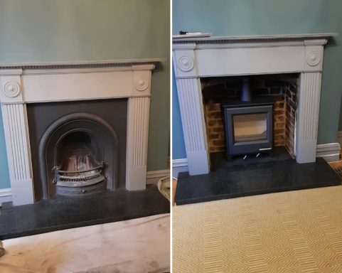 Two fireplace designs side by side: one with a traditional look, the other modern and sleek.